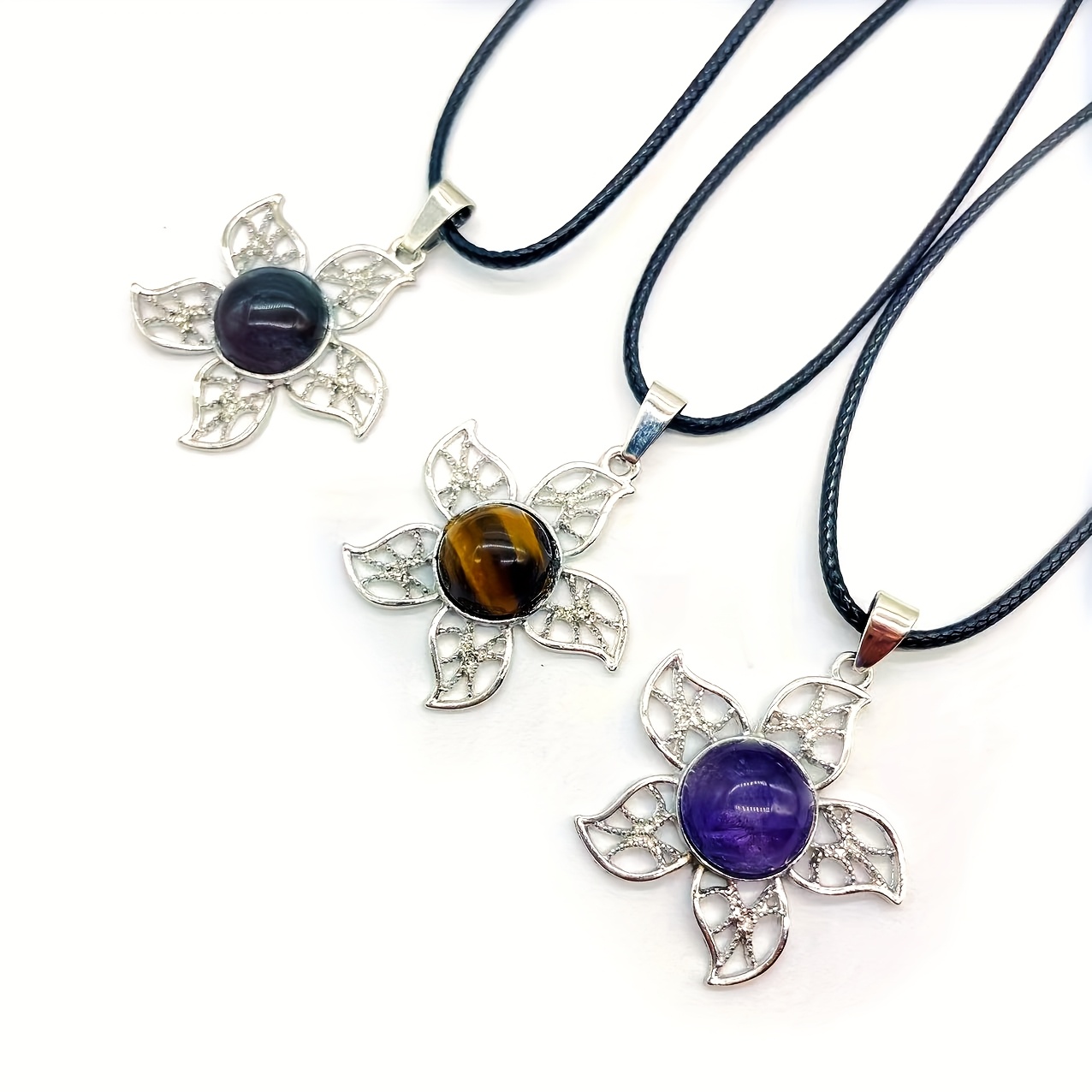 Set of 4 Natural Stone Five-Petal Flower Pendants